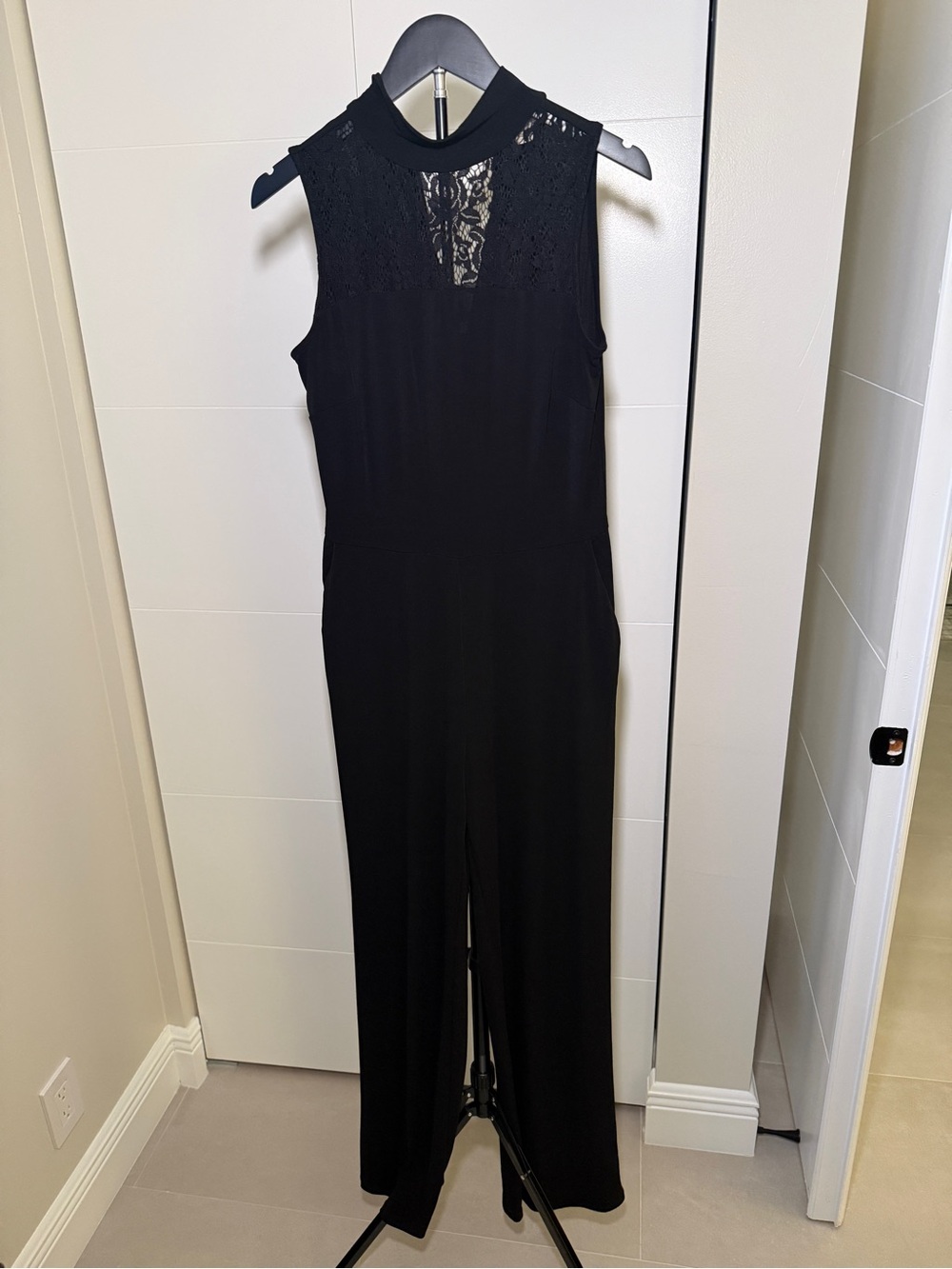 Michael Kors Black Sleeveless Lace-Yoke Jumpsuit